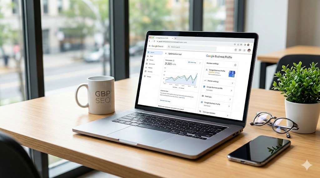 A laptop displays a Google Business Profile optimization dashboard next to a mug marked "GBP SEO" on a professional desk, illustrating the process of turning webpages into local SEO posts