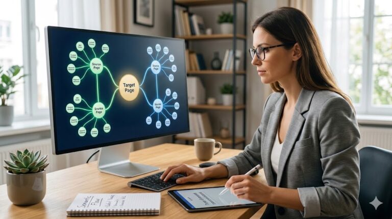 A digital visualization of semantic internal linking where an SEO professional uses a futuristic screen to connect related content topics in a web-like structure