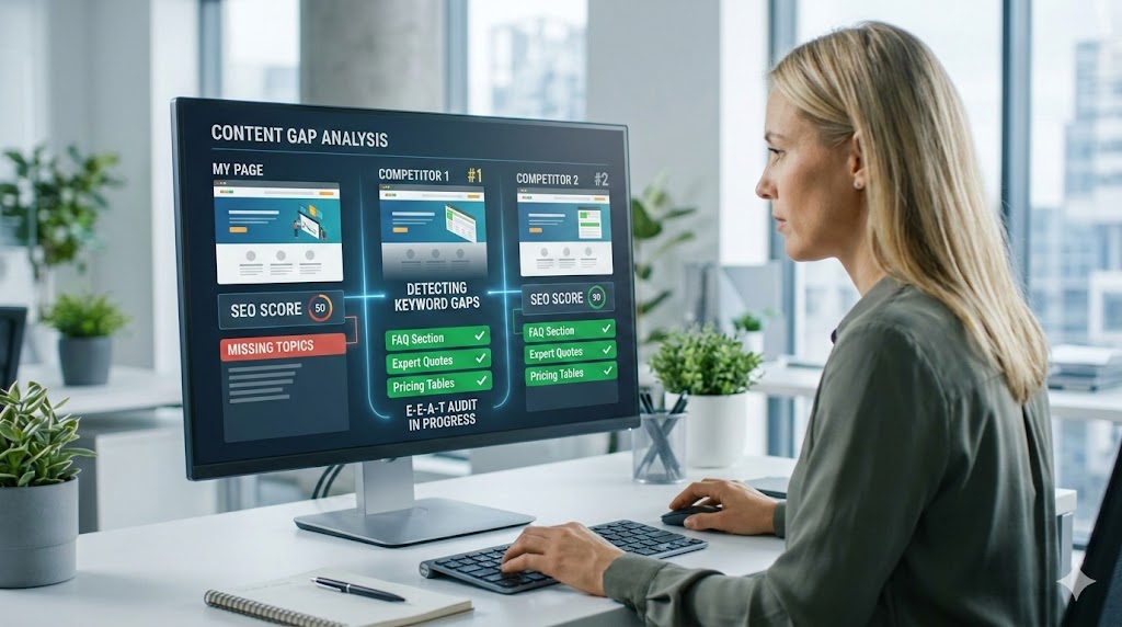 An SEO strategist at a desk analyzing competitor keyword gaps and trust signals using an AI-generated content audit dashboard
